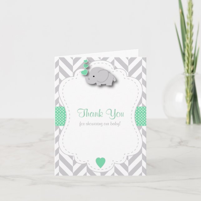 Tarjeta De Agradecimiento Baby Shower verde, blanco y gris gracias (Anverso)