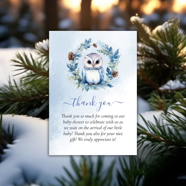 Tarjeta De Agradecimiento Baby Shower Water Water Owl en Winter Gracias (Winter Owl Watercolor Baby Shower Thank You)