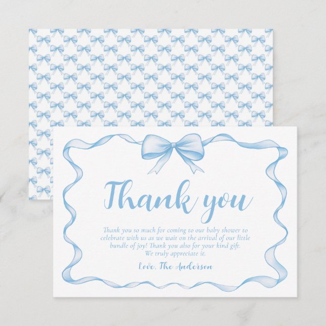 Tarjeta De Agradecimiento Baby Shower Wavy Ribbon Frame Dusty Blue Bow (Anverso / Reverso)