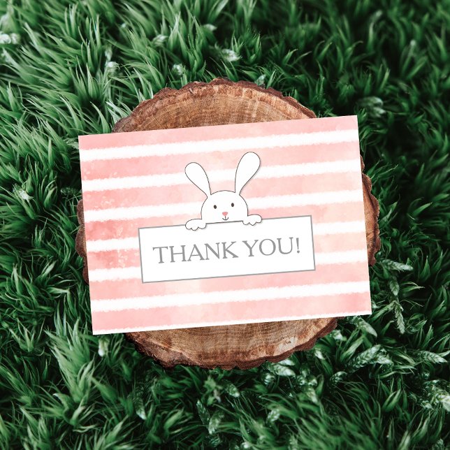 Tarjeta De Agradecimiento Baby Shower White Bunny Pink Stripe (Subido por el creador)