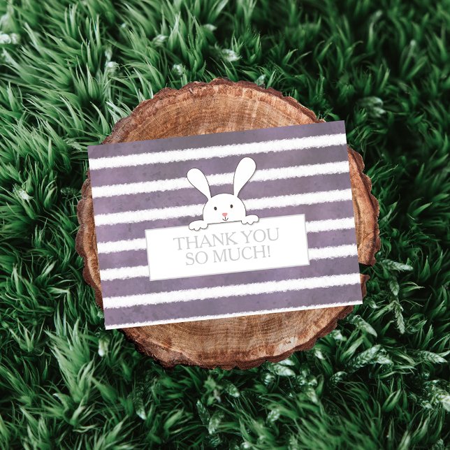 Tarjeta De Agradecimiento Baby Shower White Bunny Purple Stripe (Subido por el creador)