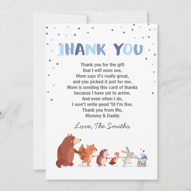 Tarjeta de agradecimiento Baby Shower Woodland Boy (Anverso)