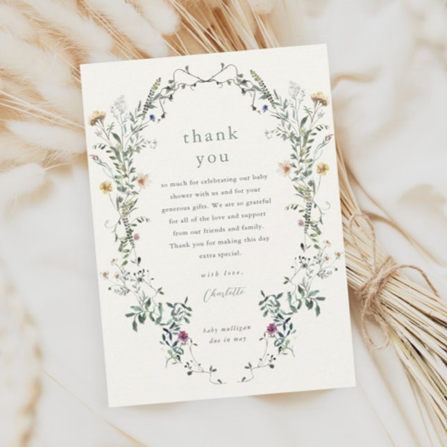 Tarjeta De Agradecimiento Baby Shower Wreath Spring Floral Floral (Elegant floral wreath wildflower baby shower thank you cards.)