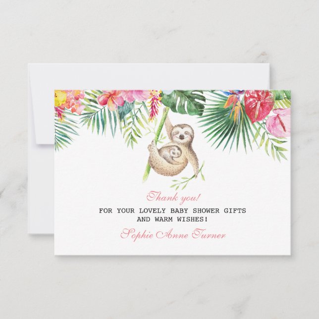 Tarjeta De Agradecimiento Baby Slots Tropical Floral Baby Shower Gracias (Anverso)
