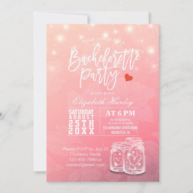 Tarjeta De Agradecimiento Bachelorette Bridal Shower Mason Jar String Luces (Anverso)
