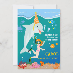 Tarjeta De Agradecimiento Bajo el mar delfines y fiesta de cumpleaños chica