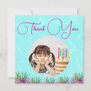 Tarjeta De Agradecimiento Bajo El Mar Floral Sirena Niña Foto Cumpleaños