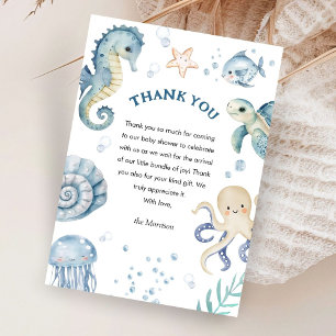 Tarjeta De Agradecimiento Bajo El Mar Niño Azul Acuarela Baby Shower