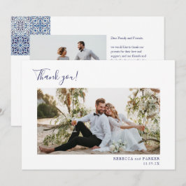 Tarjeta De Agradecimiento Baldosas azules elegante Boda Gracias foto