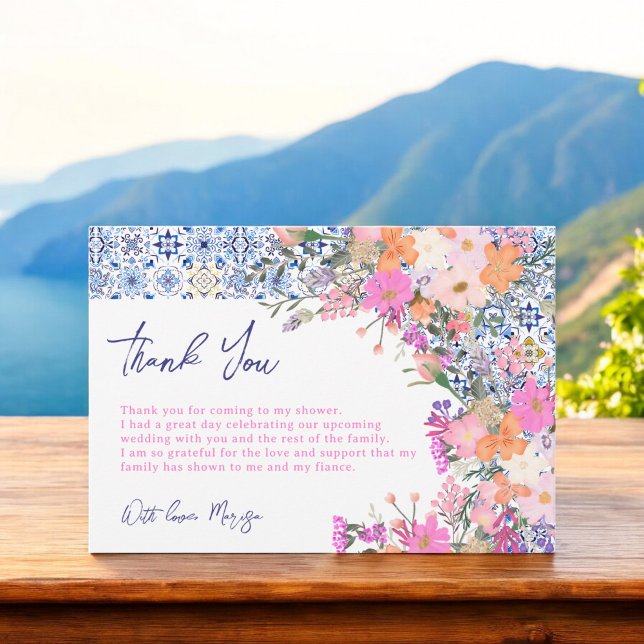 Tarjeta De Agradecimiento Baldosas azules italianas acuarela ducha de novia  (Italian blue tiles watercolor floral bridal shower thank you card)