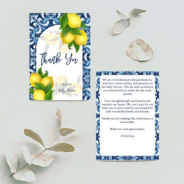 Tarjeta De Agradecimiento Baldosas azules y limón Amalfi Positano ducha de b (Blue tiles and lemon Amalfi Positano baby shower Thank You Card Mediterranean themed thank you cards)