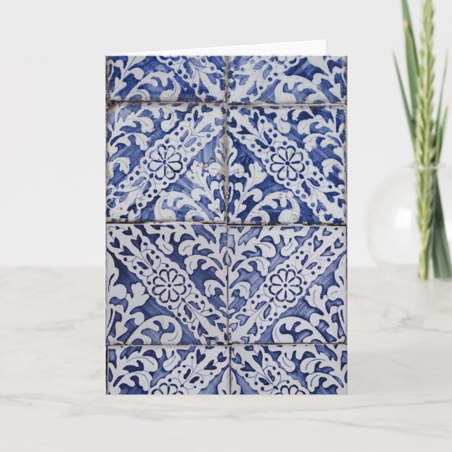 Tarjeta De Agradecimiento Baldosas portuguesas - Azulejo Floral azul y blanc (Anverso)
