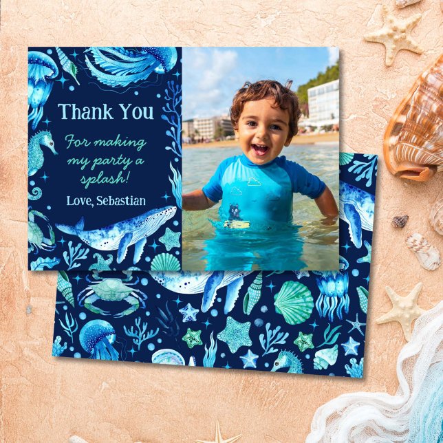 Tarjeta De Agradecimiento Ballena acuática bajo criaturas marinas foto (Watercolor Whale Under the Sea Creatures Photo Thank You Card)