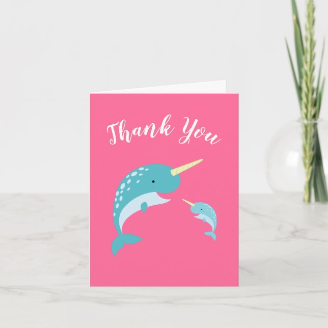 Tarjeta De Agradecimiento Ballena Chica rosa Narwhal Baby Shower (Anverso)