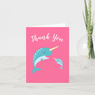 Tarjeta De Agradecimiento Ballena Chica rosa Narwhal Baby Shower