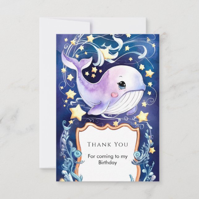 Tarjeta De Agradecimiento Ballena de Cumpleaños Infantil Azul Simple (Anverso)