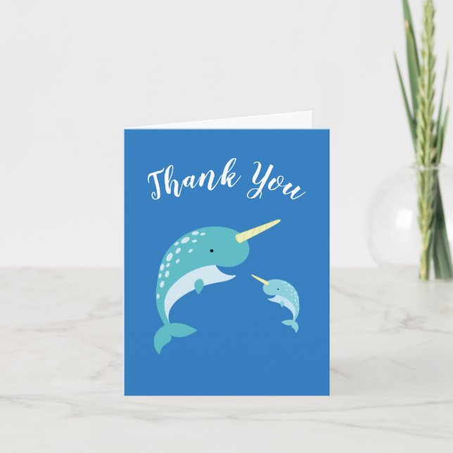 Tarjeta De Agradecimiento Ballena de Narwhal Baby Shower Blue Boy (Anverso)