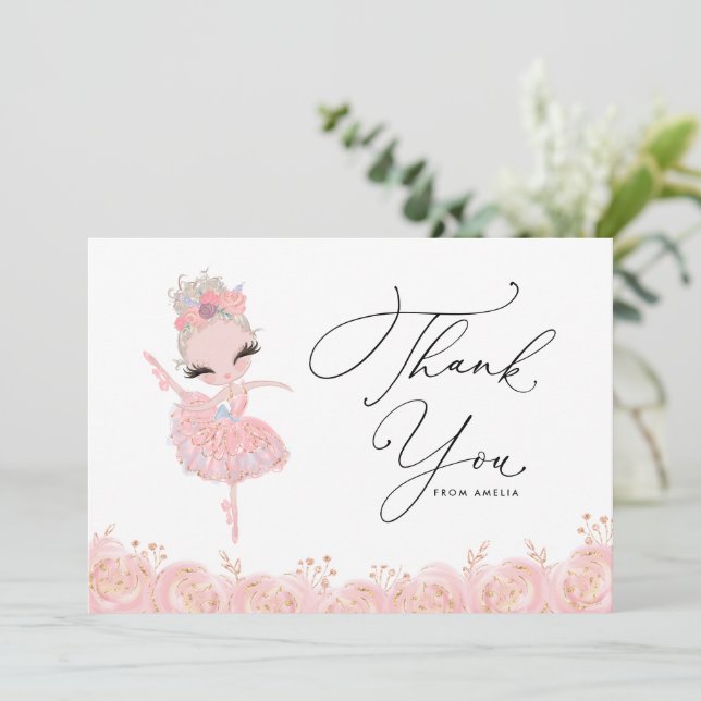 Tarjeta De Agradecimiento Ballerina Chica rubia con vestido rosa Cumpleaños (Anverso de pie)