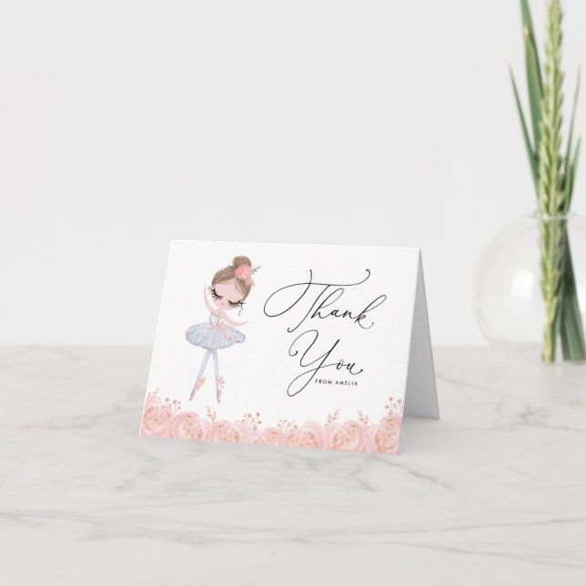Tarjeta De Agradecimiento Ballerina con vestido blanco Cumpleaños floral (Anverso)