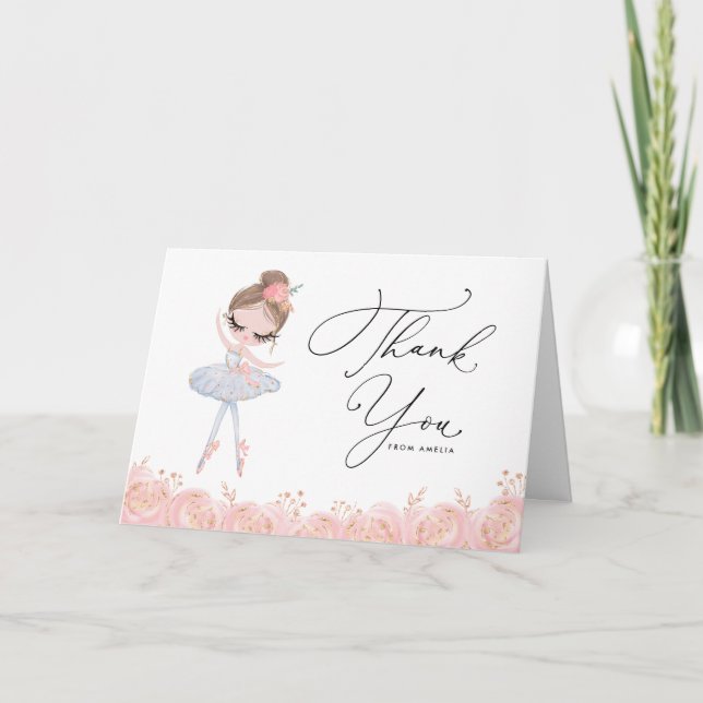 Tarjeta De Agradecimiento Ballerina con vestido blanco Cumpleaños floral (Anverso)
