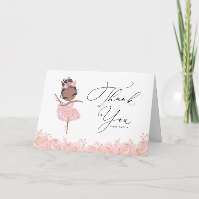 Tarjeta De Agradecimiento Ballerina negra con vestido rosa Cumpleaños Floral (Anverso)