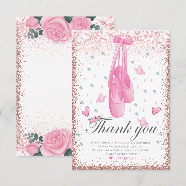 Tarjeta De Agradecimiento Ballerina Pastel Purpurina Rosa Cumpleaños (Anverso / Reverso)