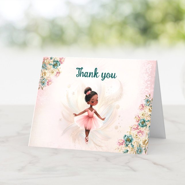 Tarjeta De Agradecimiento Ballerina Piel Oscura Pink Verde azulada Floral Cu (Ballerina Dark Skin Pink Teal Floral Birthday Thank You Card)