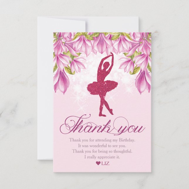 Tarjeta De Agradecimiento Ballerina Pink Purpurina Cumpleaños (Anverso)