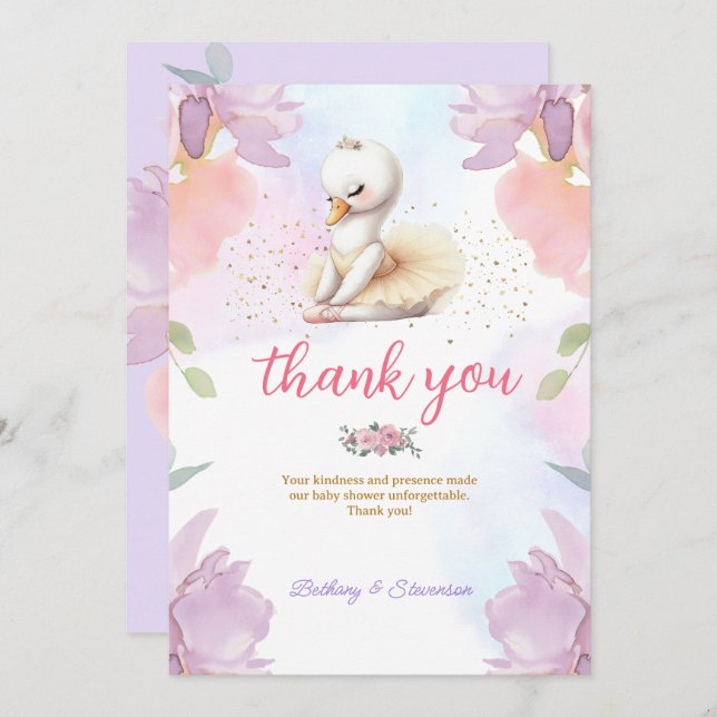 Tarjeta De Agradecimiento Ballet Swan Baby Girl Shower (Anverso / Reverso)