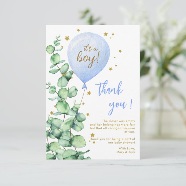 Tarjeta De Agradecimiento Balloon It's A Boy Baby Shower Gracias (Anverso de pie)
