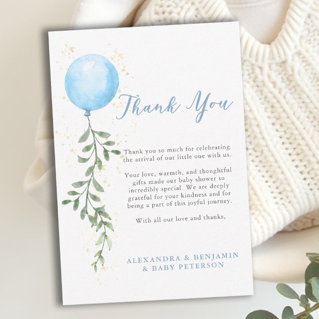 Tarjeta De Agradecimiento Balloon Soft Greenery Dusty Blue Boy Baby Shower (baby shower thank you card blue balloon watercolor boy greenery soft botanical calligraphy)