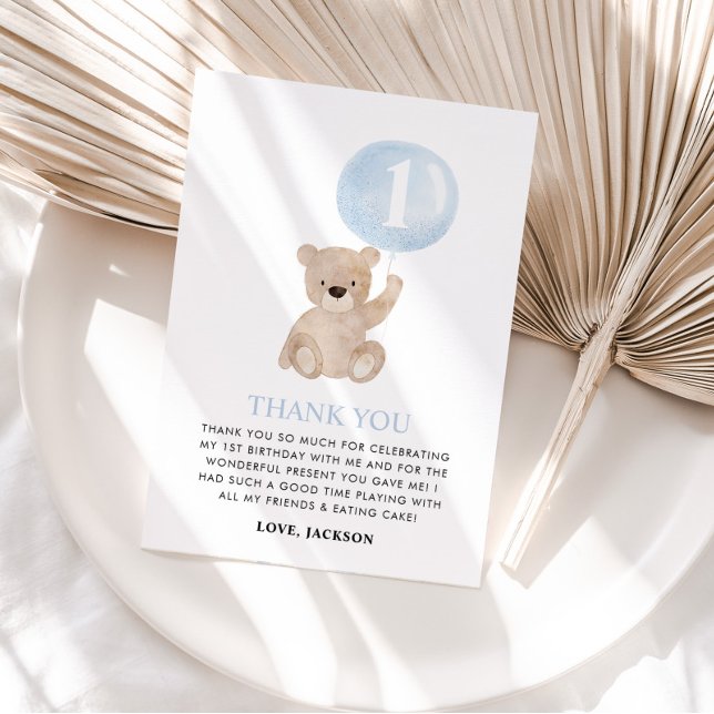 Tarjeta De Agradecimiento Balón azul de beary 1er cumpleaños (MATCHING 1ST BIRTHDAY ITEMS AVAILABLE)