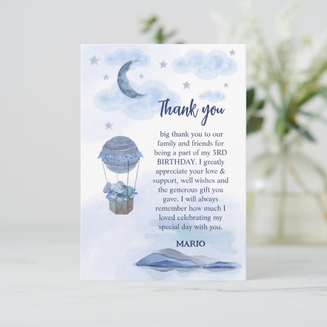 Tarjeta De Agradecimiento Balón azul elefante lindo niño de cumpleaños (Anverso de pie)