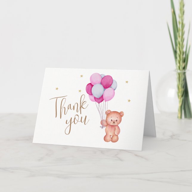 Tarjeta De Agradecimiento Balón rosa azul lindo Teddy Bear Baby Shower (Anverso)