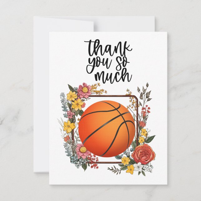 Tarjeta De Agradecimiento Baloncesto con flores para entrenador (Anverso)