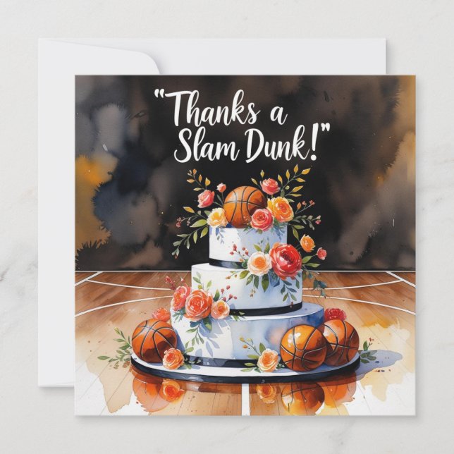 Tarjeta De Agradecimiento Baloncesto con pastel y flores (Anverso)
