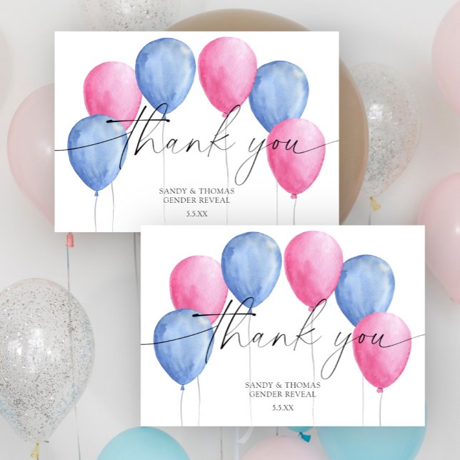 Tarjeta De Agradecimiento Balones acuarelas Gracias revelación de género (Subido por el creador)