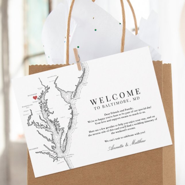 Tarjeta De Agradecimiento Baltimore Maryland Boda Bienvenida Itinerary (Baltimore Maryland Map wedding welcome letter and itinerary schedule of events in black and white)