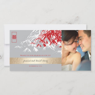 Tarjeta De Agradecimiento Bambú gris y rojo deja foto de Boda chino