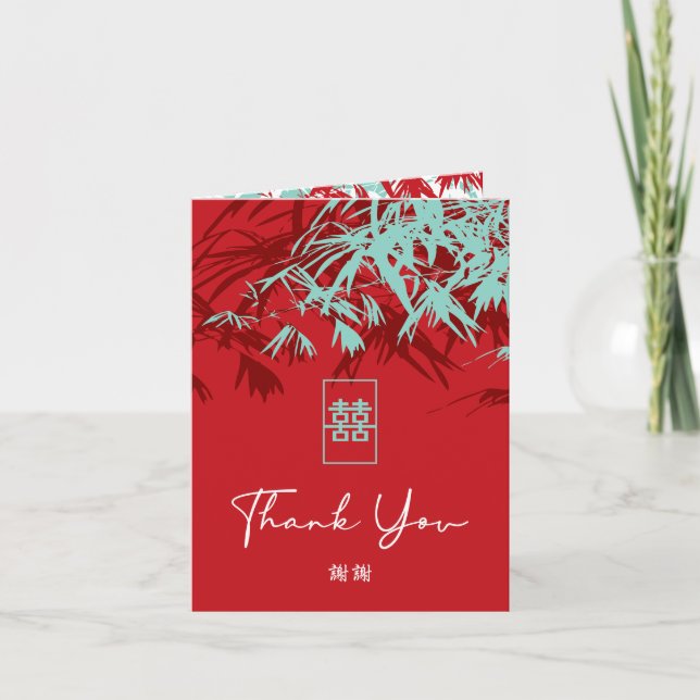 Tarjeta De Agradecimiento Bambú rojo y turquesa deja a Boda chino (Anverso)