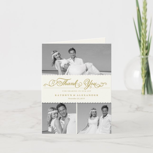 Tarjeta De Agradecimiento Banda de vieiras Guión romántico 3 Boda multifoto (Anverso)