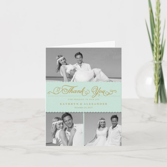 Tarjeta De Agradecimiento Banda de vieiras Guión romántico 3 Boda multifoto (Anverso)