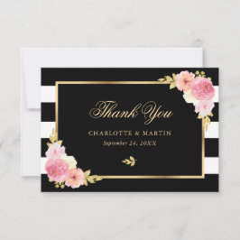 Tarjeta De Agradecimiento Bandas blancas negras Rubor Boda floral rosa