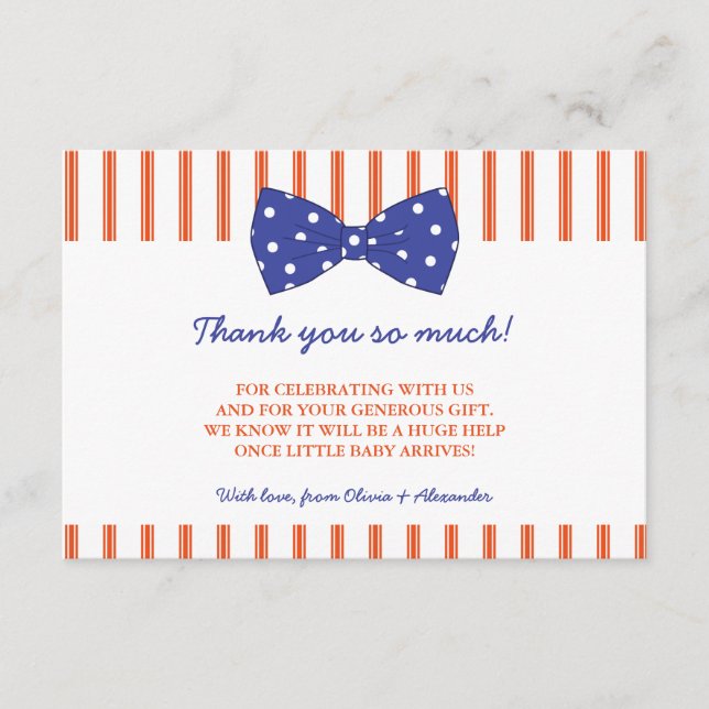 Tarjeta De Agradecimiento Bandas Naranja y arco azul| Baby Shower Gracias (Anverso)