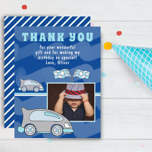 Tarjeta De Agradecimiento Bandera azul de coche de carreras Foto Cumpleaños