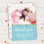 Tarjeta De Agradecimiento Bandera de Bunting de Cute Fun Kid BIrthday Foto<br><div class="desc">Cute banner foto de cumpleaños de la bandera de agradecimiento para tu fiesta de cumpleaños de chica o niño. ¡Gracias a tu invitado por venir a la fiesta de cumpleaños de tu hijo! El diseño tiene coloridas banderas de fiesta de cumpleaños con colores verdes, azules y rojos y una foto...</div>