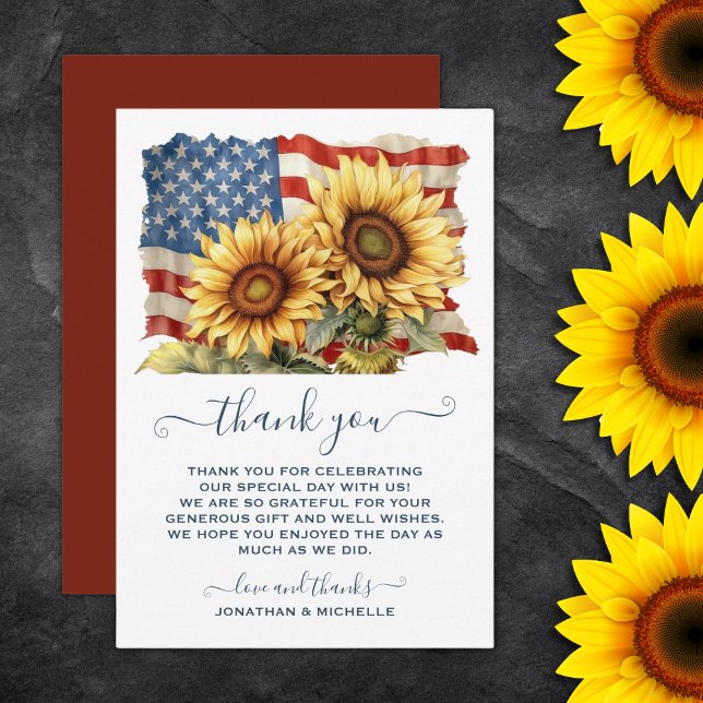 Tarjeta De Agradecimiento Bandera Patriótica Americana Boda del Girasol (Patriotic American Flag Sunflower Wedding Thank You Card)