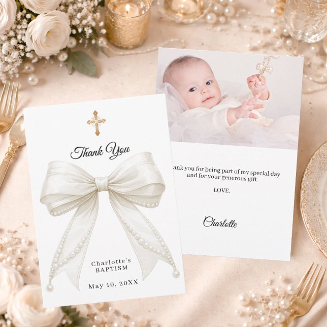 Tarjeta De Agradecimiento Baptism bow white ivory pearls photo (Subido por el creador)