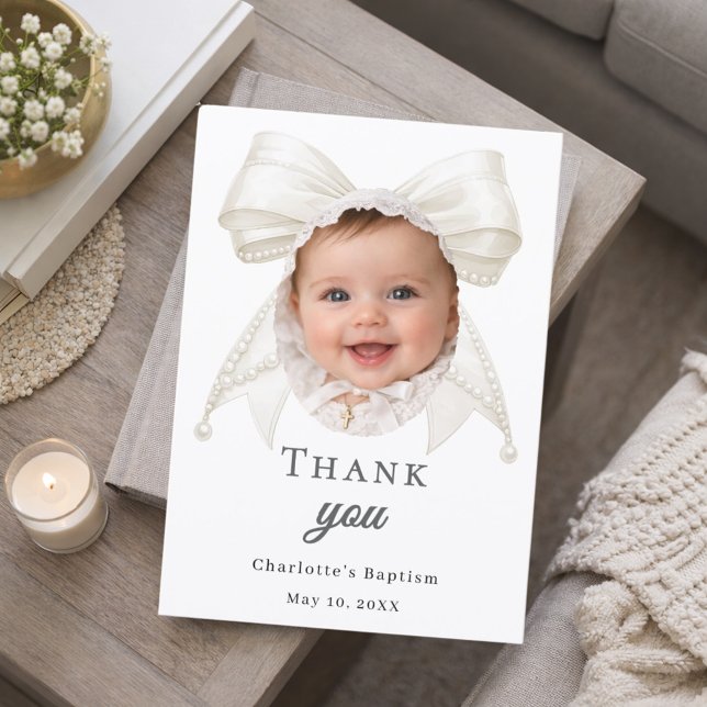 Tarjeta De Agradecimiento Baptism bow white ivory pearls photo girl (Subido por el creador)