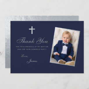 Tarjeta De Agradecimiento Baptism Boy Photo Faux Silver Nave Blue Script